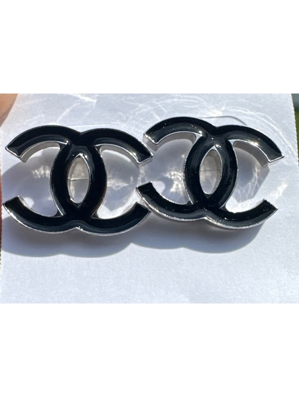 Chanel 05A CC Logo Earrings Black Enamel Silver Tone France
